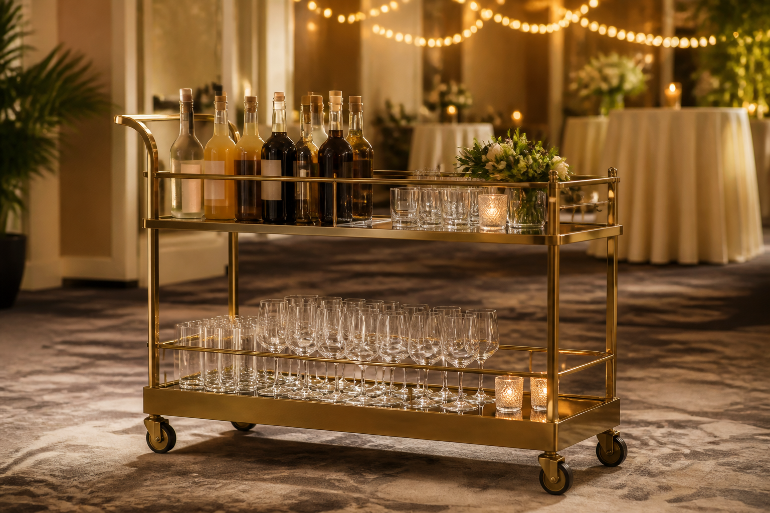 Hotel beverage cart with glassware at a banquet reception