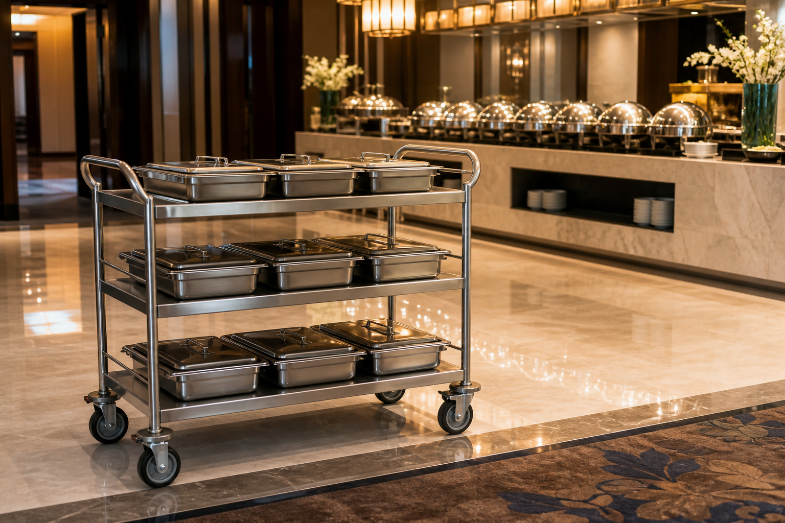 Food service cart transporting trays to a hotel buffet
