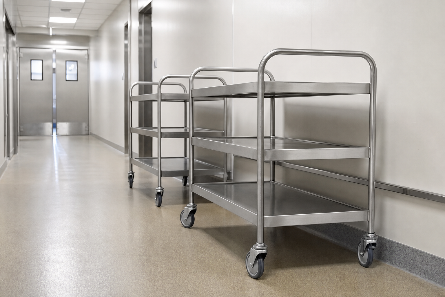 Banquet service trolleys lined up in a hotel service corridor