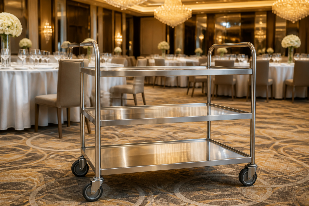 Stainless steel service trolley in a hotel banquet hall