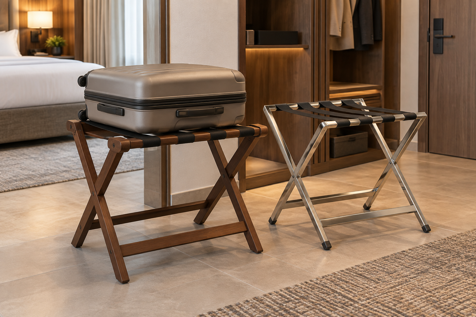 Wooden and stainless steel hotel luggage racks with a suitcase in an elegant guest room