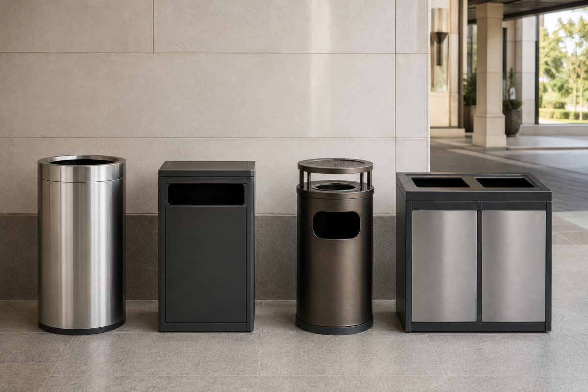 Hotel trash can and ashtray bin family with stainless steel lobby trash can, public-area garbage bin, commercial ashtray bin and outdoor recycle can